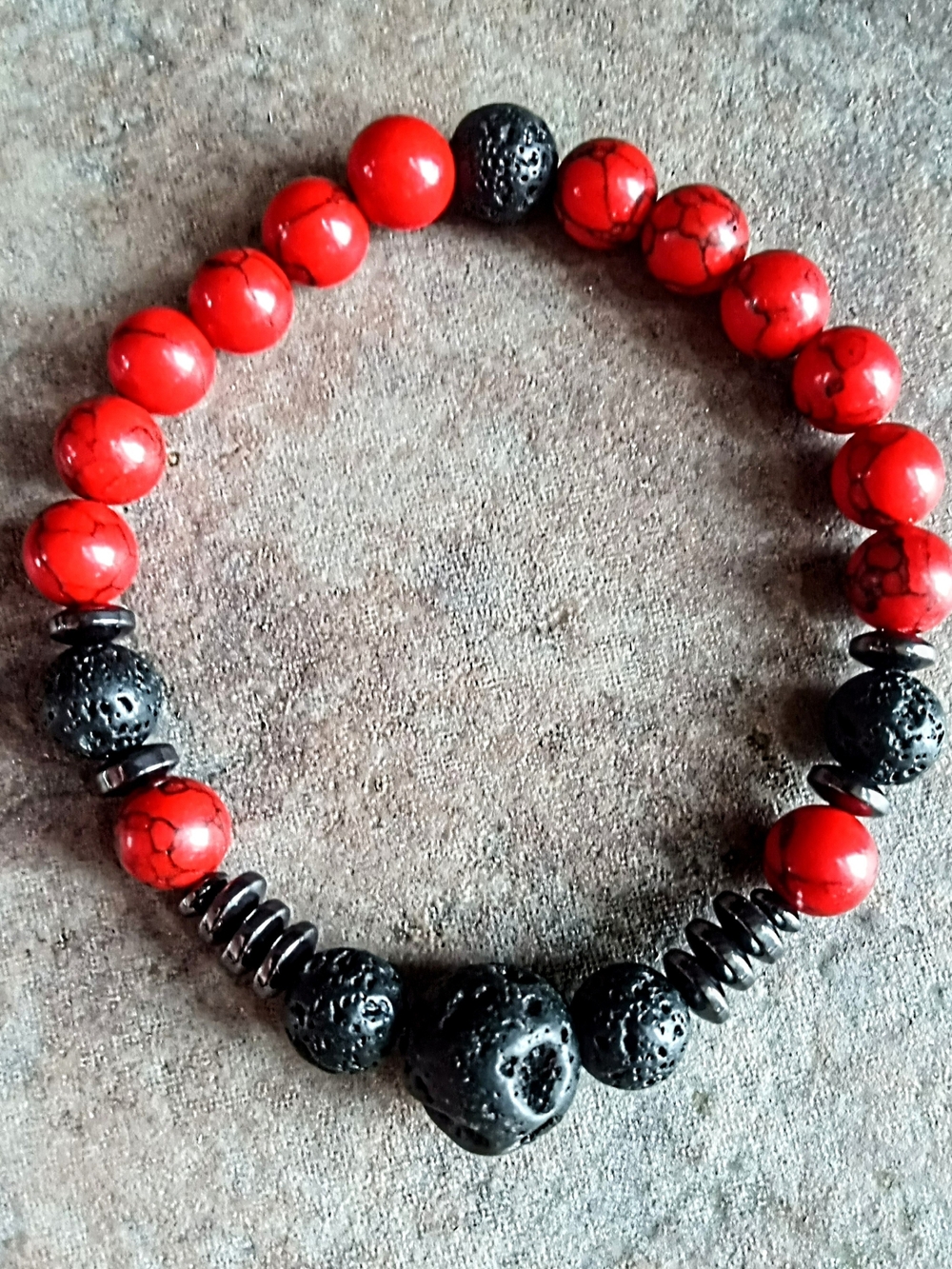 Red and Black Beaded Men's Bracelet - Stylish Lava Stone and Howlite Design
